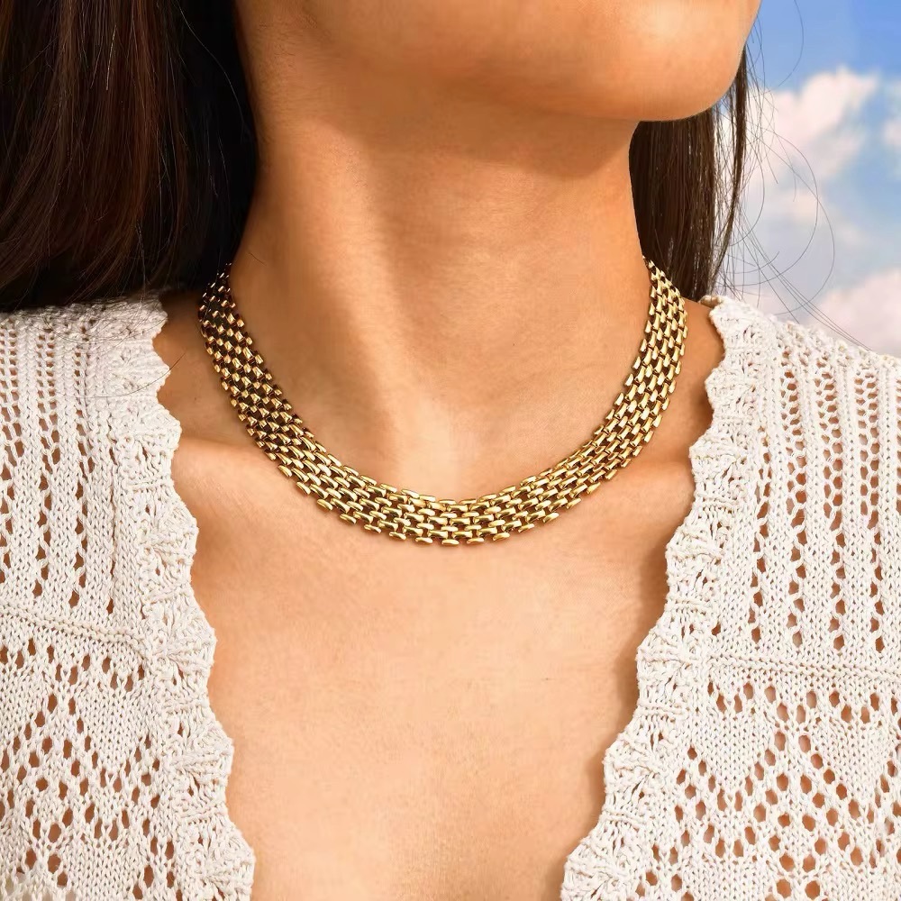 Gold Multi-Row Chain Choker Necklace - Women Jewelry - Picture 2 of 8